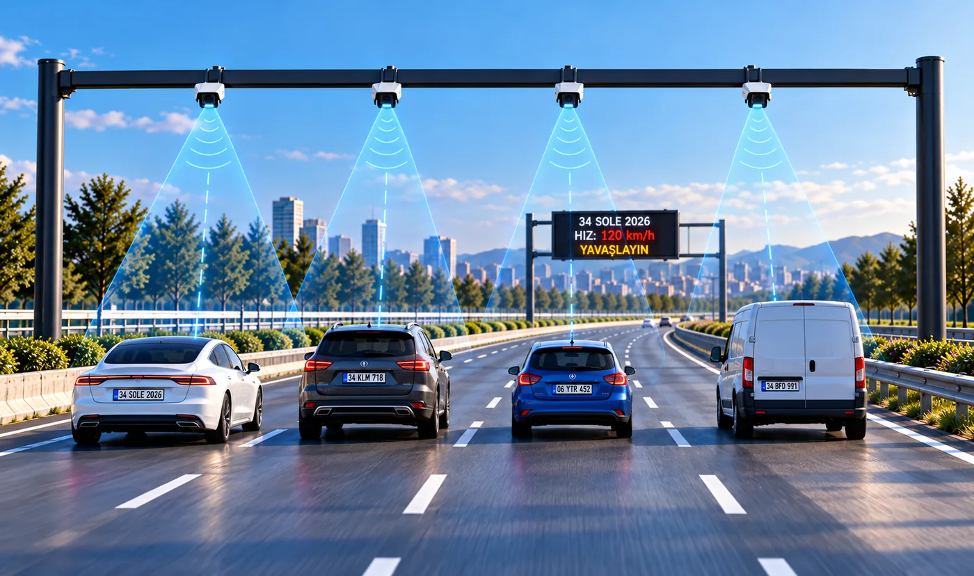 Speed detection cameras above the road measure the speed of the vehicle in each lane while the LED display shows plate, speed and a slow-down warning
