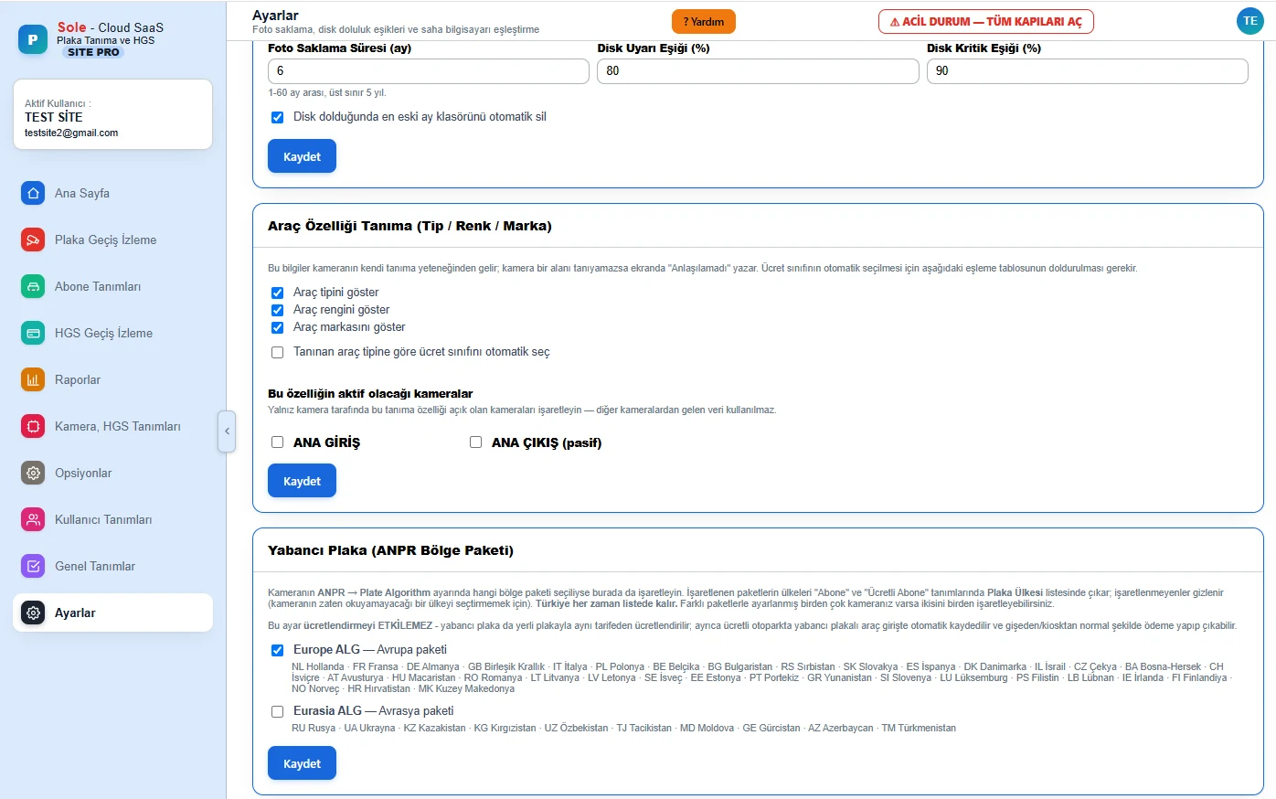 Settings screen - photo retention, vehicle attributes and foreign plates